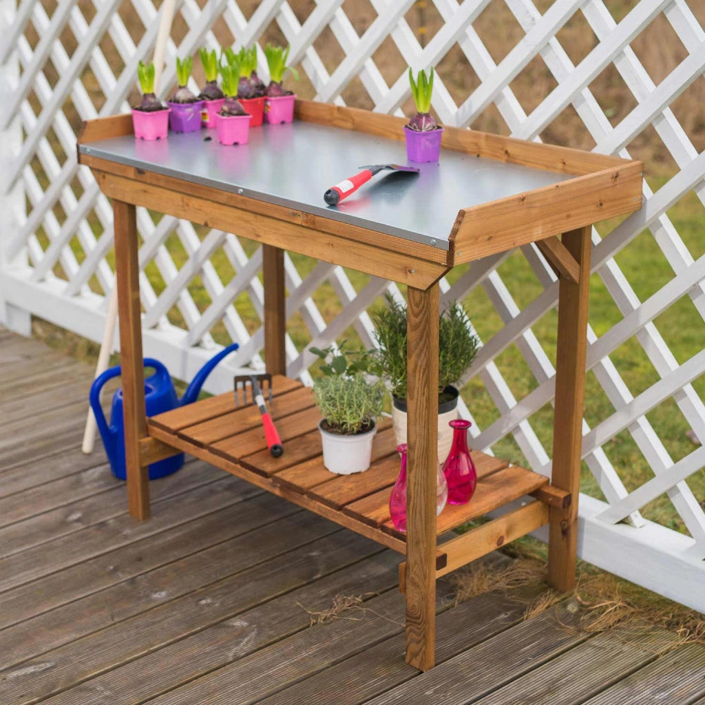 FRANKYSTAR Tavolo da lavoro per giardinaggio in legno di pino banco da lavoro per piante e fiori con ripiano in lamiera zincata - made in italy