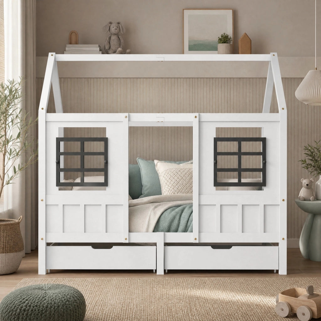 Letto a casetta per bambini 90x200 cm con 2 cassetti