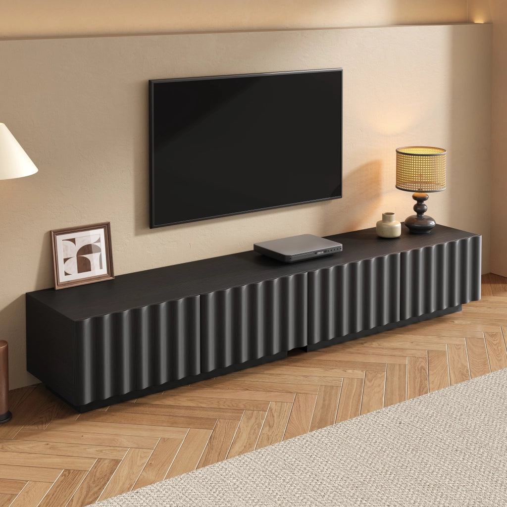 Mobile TV, motivo ondulato, cassetti con apertura a pressione, stile minimalista, nero