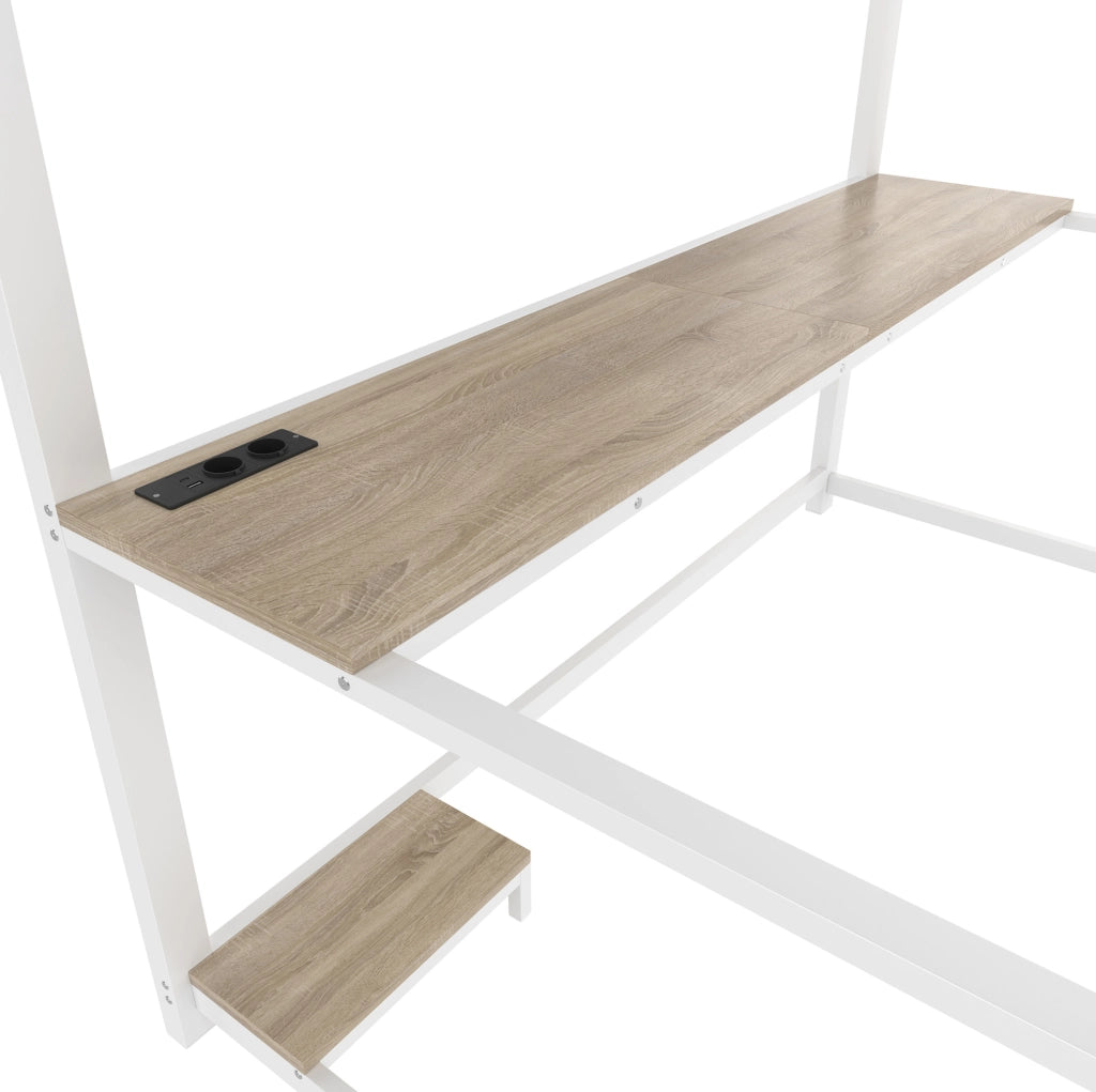 Letto a soppalco 140x200 cm con LED; scrivania e prese in metallo e MDF bianco