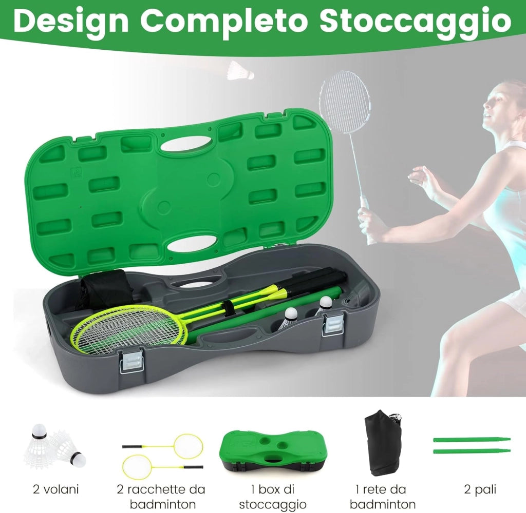 Set di Badminton con Rete, Racchette, 2 Volani e Scatola di Conservazione, Set di Badminton Portatile per 2 Giocatori da Esterno per Bambini, Ragazzi e Adulti