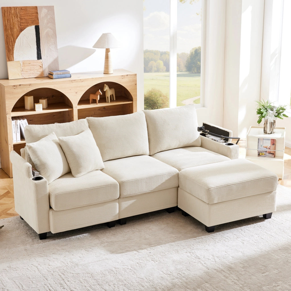 divano angolare reversibile 3 posti con pouf; portaoggetti; usb e tasche; in velluto a coste beige