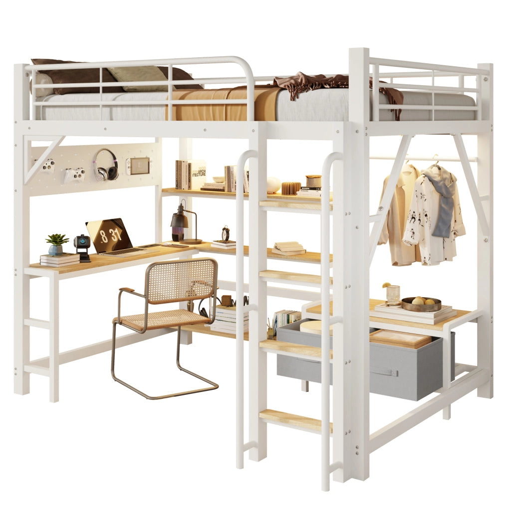 Letto a soppalco 140 x 200 cm bianco con scrivania, LED e USB