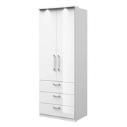 Armadio con 2 ante e 3 cassetti per cabina armadio collezione MODULO, colore bianco con LED e pacchetto di 3 ripiani incluso.