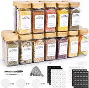 Set di 4 contenitori per erbe quadrati con chiusura a vite, contenitori per erbe con etichette, coperchi in acciaio inossidabile chiusi, contenitori per erbe con coperchio in legno di bambù, organizzatore per erbe per la cucina.