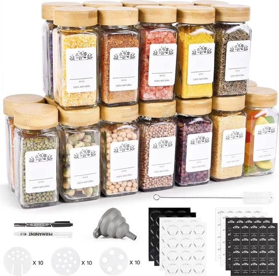 Set di 4 contenitori per erbe quadrati con chiusura a vite, contenitori per erbe con etichette, coperchi in acciaio inossidabile chiusi, contenitori per erbe con coperchio in legno di bambù, organizzatore per erbe per la cucina.