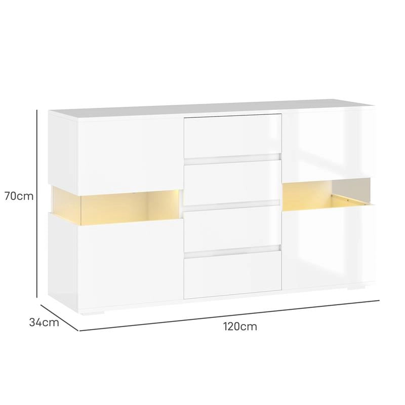 CREDENZA MODERNA CON LED REGOLABILE CON TELECOMANDO 4 CASSETTI E 2 ARMADIETTI 120X34X70 CM BIANCO