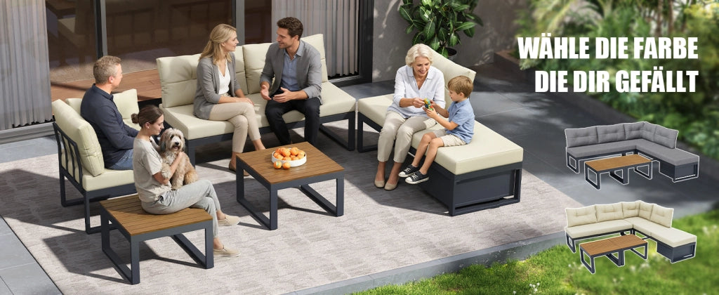 OKWISH Set mobili da giardino divano modulare con tavolino e vano contenitore in poliestere beige