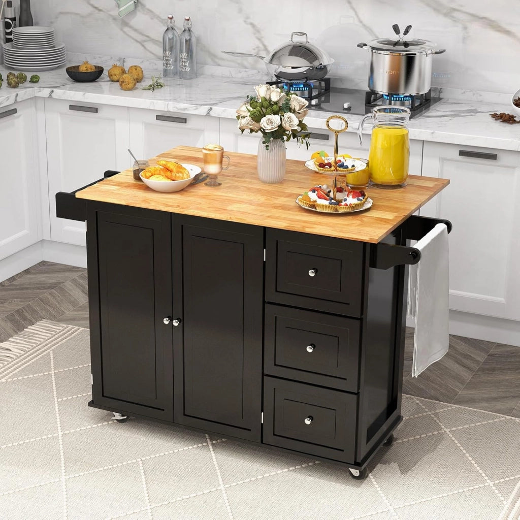 Carrello da Cucina con Pannello Pieghevole Portato fino a 50 kg, Isola da Cucina 43x136x91cm, Carrello Portaoggetti in Legno con Ruote, Multifunzione e Grande, Nero (Nero)