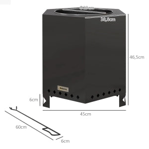 Braciere da esterno senza fumo in metallo nero, con attizzatoio, 45 x 38,8 x 46,5 cm