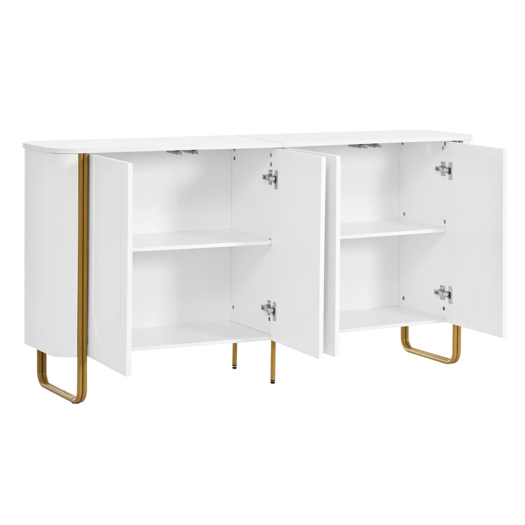 Sideboard in MDF Weiß mit Bogenrelief, 4 Türen, Eisenfüße, 160x35x80,5 cm