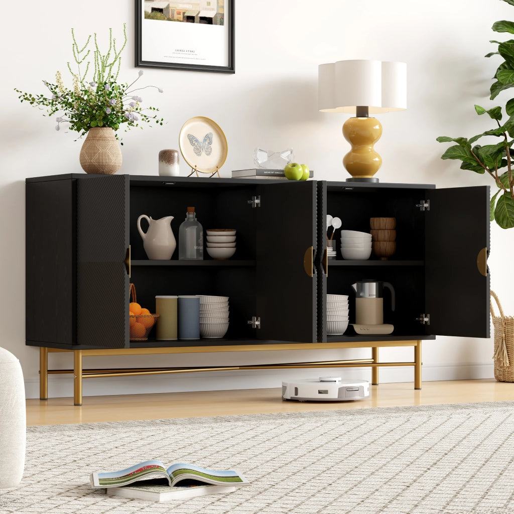 Credenza e madia con 4 ante e chiusura soft-close, dettagli dorati, per soggiorno, nera, 160 × 40 × 82 cm