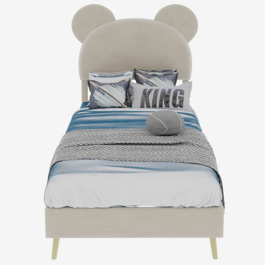 Letto Singolo 90x200 cm; Contenitore; Testiera Sagomata; in Tessuto e Metallo; Beige
