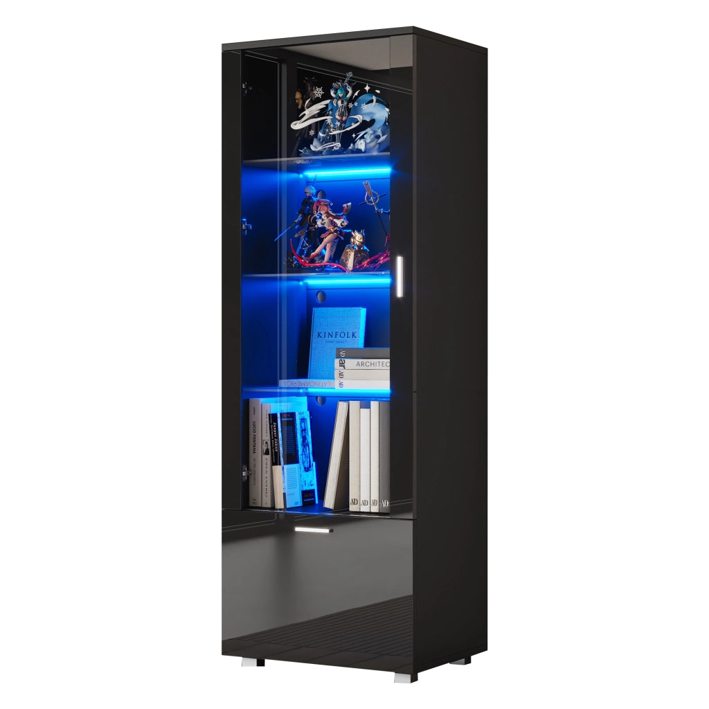 Vetrina 40x50x160 cm con LED; ante in acrilico e ripiani in vetro temperato; nero