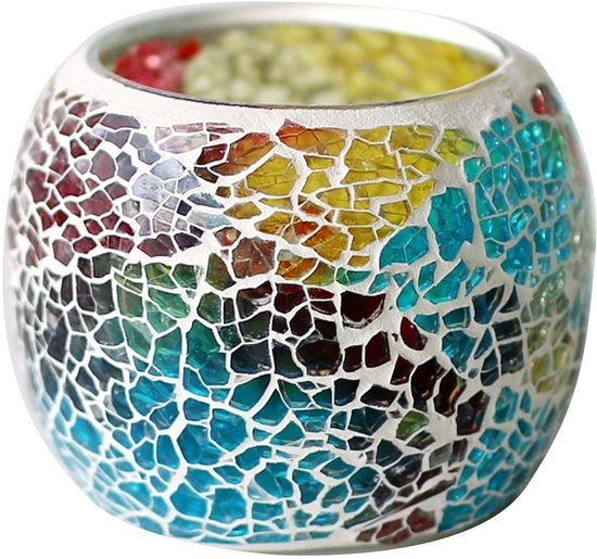 Centro di tavola per candele in mosaico arcobaleno con base per teiera.
