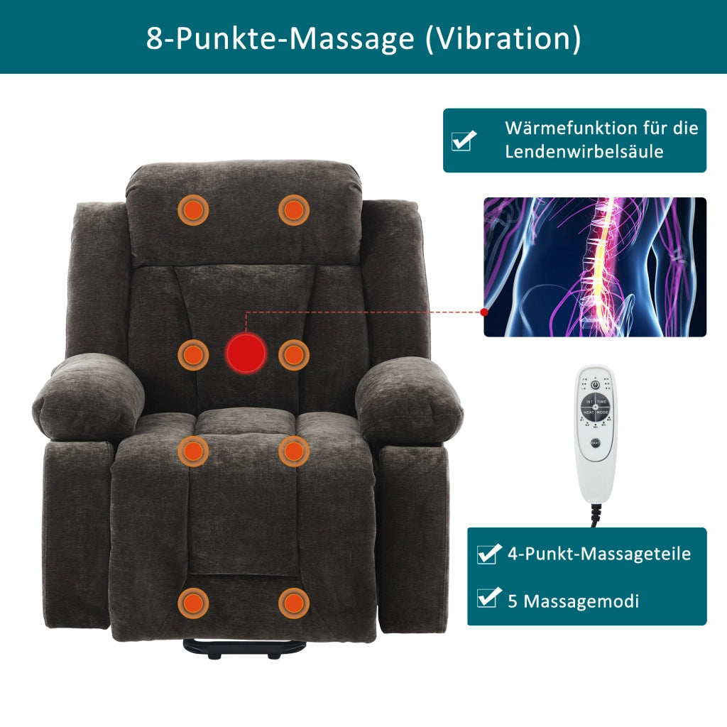 Poltrona relax elettrica reclinabile con massaggio, riscaldamento, USB e tasche laterali, in tessuto, marrone