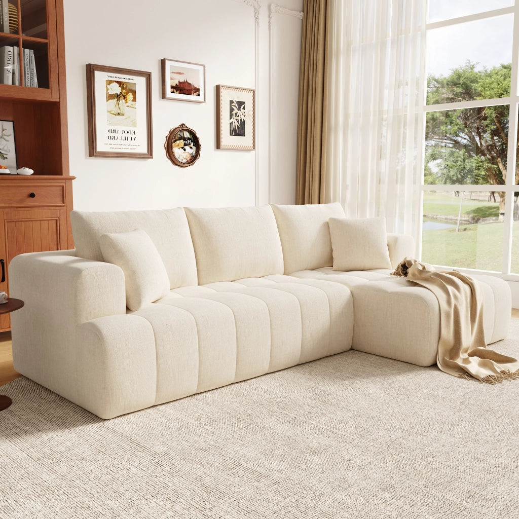 Divano angolare modulare 3-4 posti con chaise longue e 2 cuscini, design basso per soggiorno in chenille beige