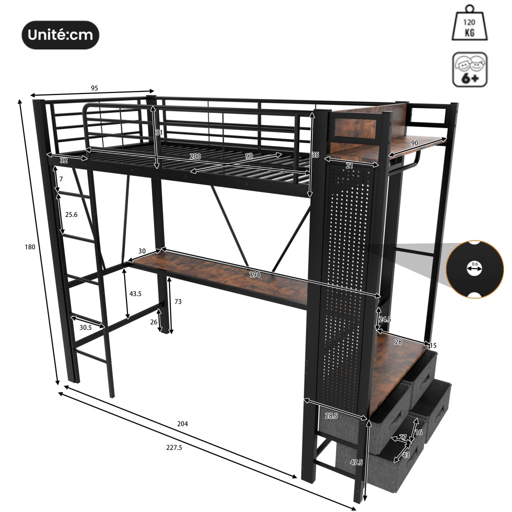 Letto a Soppalco con Scrivania; 4 Cassetti; USB; Tipo C e LED 90×200 cm; senza Materasso