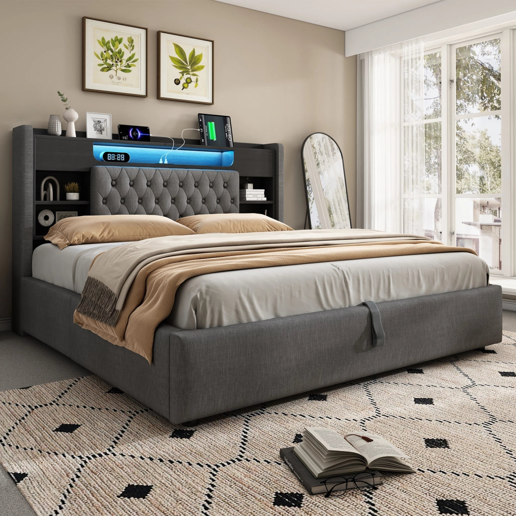 LETTO imbottito 140x200 cm in lino grigio con LED, USB e porta USB-C