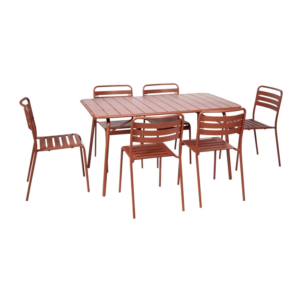 Set tavolo da giardino in acciaio con 6 sedie, 140cm, terracotta