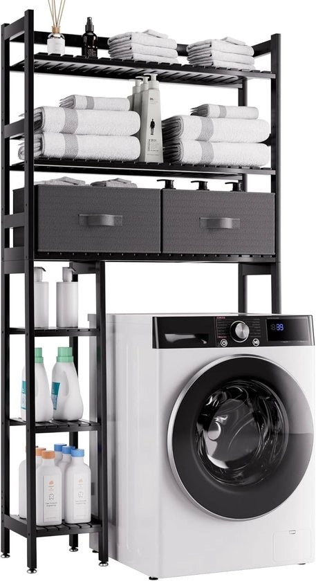 Opbergrek per Bagno con Caricatore - Risparmiatore di Spazio per la Cucina dei Bagni - 3 Livelli in Bambù - Nero