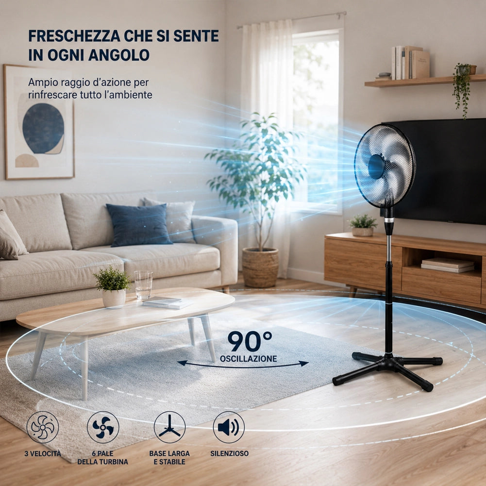 Ventilatore a Piantana 75W con 6 Pale Diametro 40cm e Griglia 45cm 3 Velocità