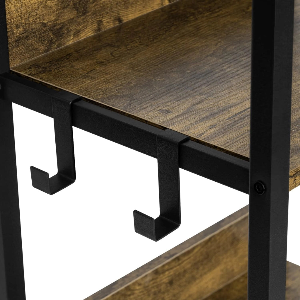 Libreria Industriale a 6 Livelli, Scaffale in Metallo e Legno per Soggiorno e Cucina, Salvaspazio con 4 Ganci, Nero + Legno Vintage, 40x30x187cm