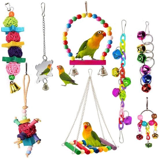 Giocattolo per uccelli, giocattolo da mordere per uccelli, giocattolo in legno con campanello per conuri, falchi, piccoli uccelli, piccioni e canarini (Multi-Colour-A)