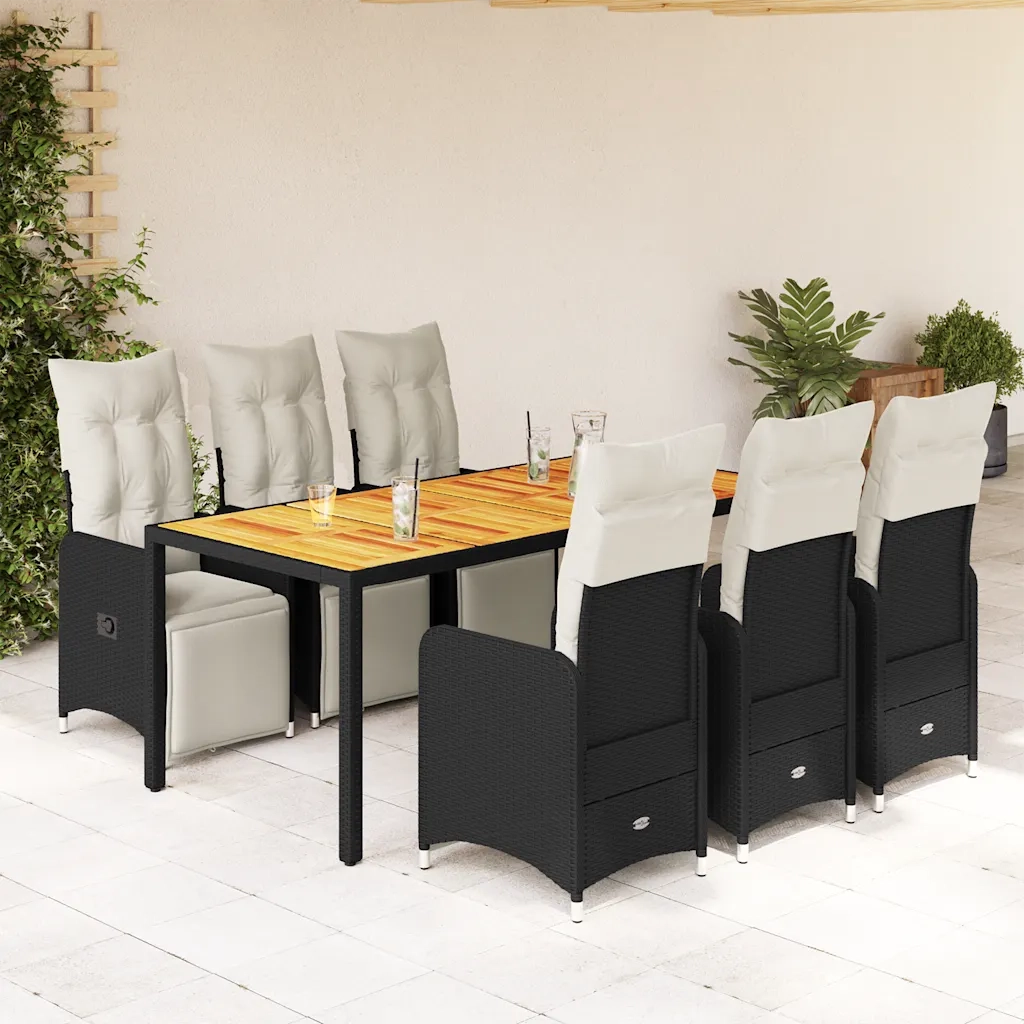 Set da BistrÃ² da Giardino 7 pz con Cuscini Nero in Polyrattan