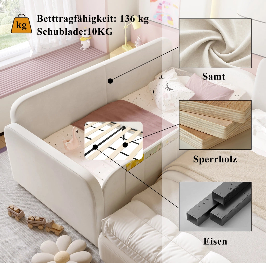 Letto singolo imbottito 90x200 cm con cassetti, bianco