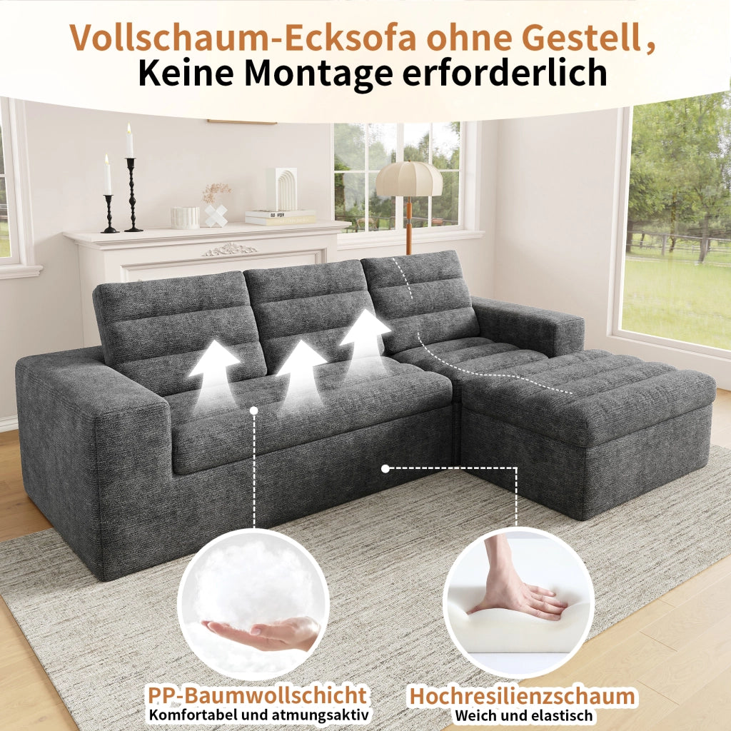 Divano angolare modulare in chenille con design senza telaio e cuscini morbidi, grigio chiaro, 253 × 161 × 89 cm
