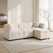 Divano Angolare 3 Posti Modulare con vano contenitore, Pouf rimovibile e 2 Cuscini, in Ciniglia Beige