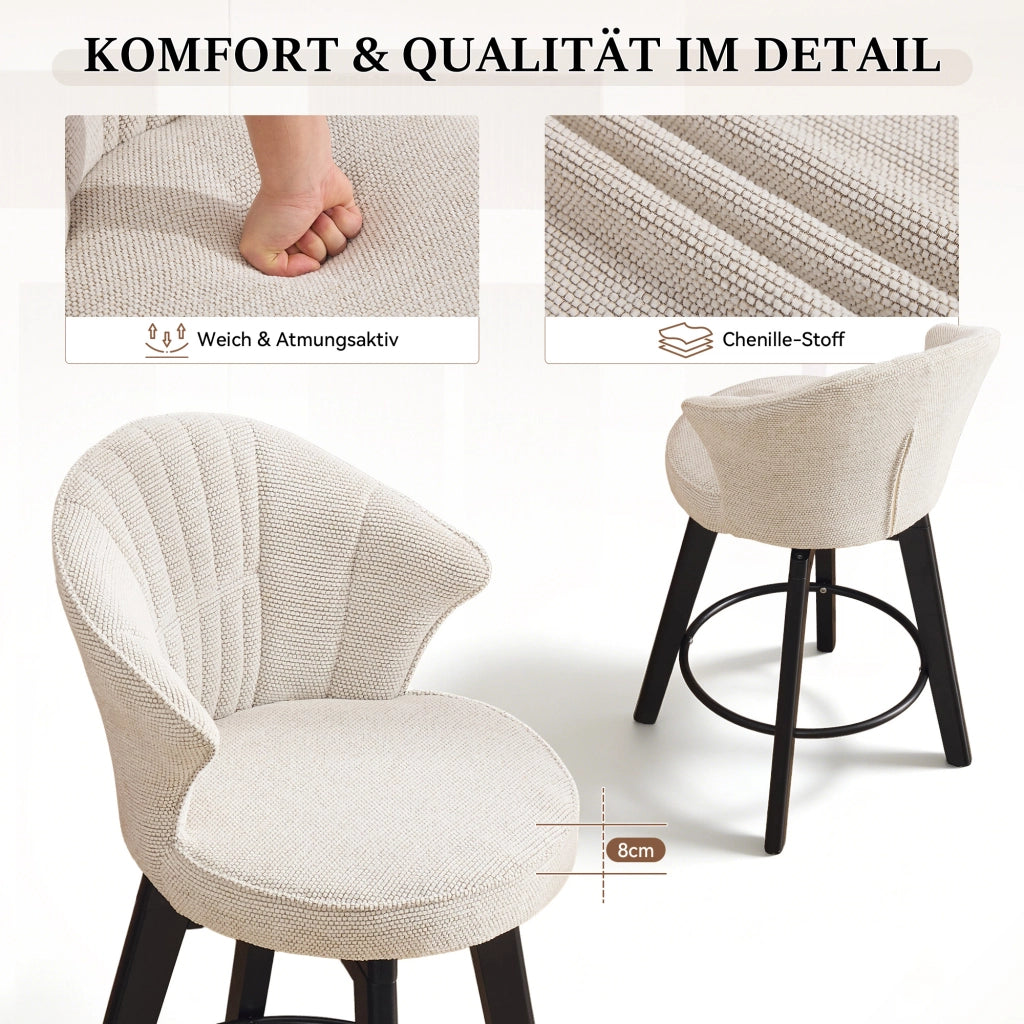 SGABELLO da bar girevole con schienale in chenille beige 51x52,5x92,5 cm