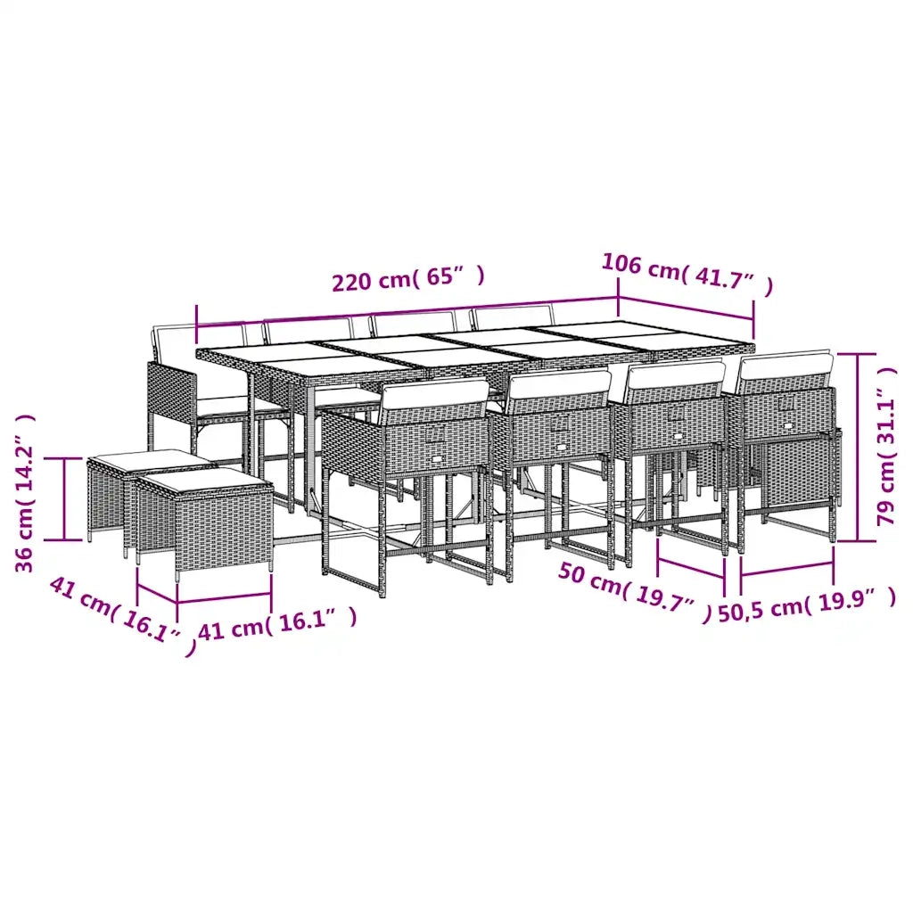 Set da Pranzo da Giardino 13pz con Cuscini Nero in Polyrattan 3211339