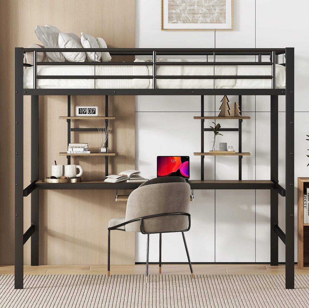 Letto a soppalco in metallo con scrivania e librerie