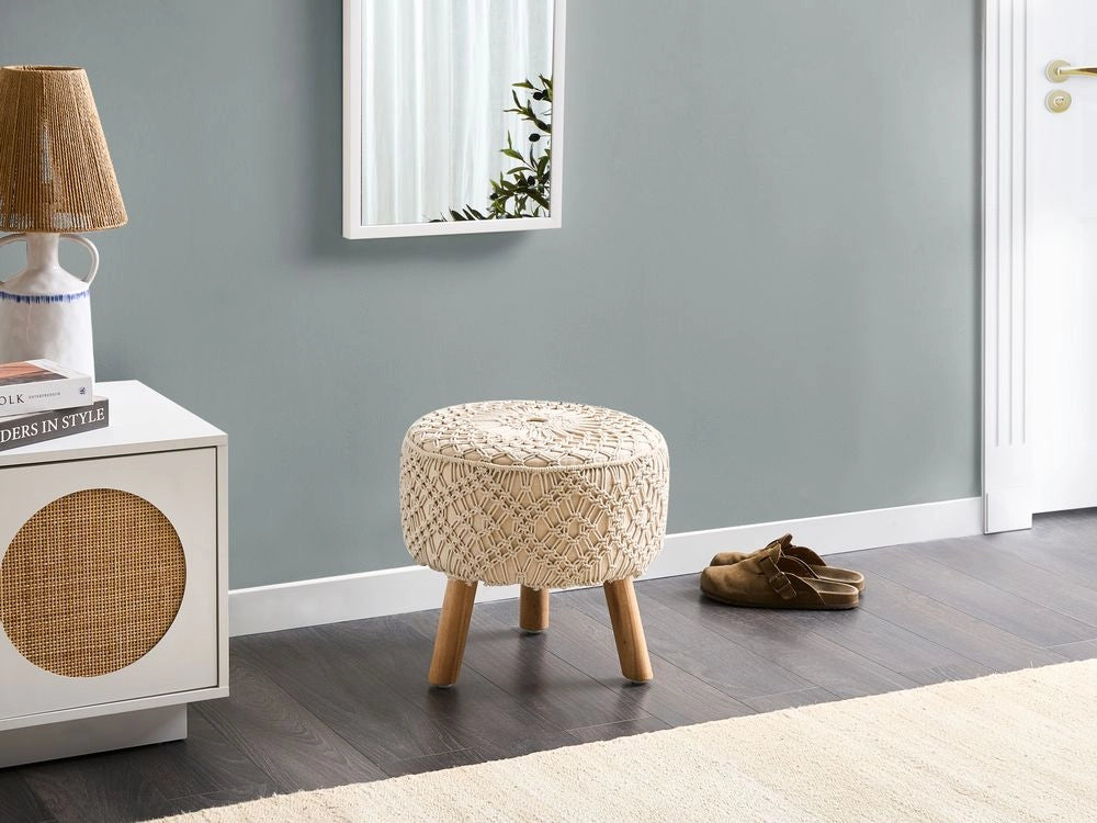 Sgabello cotone macramè beige e legno chiaro 40 cm fatto a mano boho camera da letto soggiorno cameretta