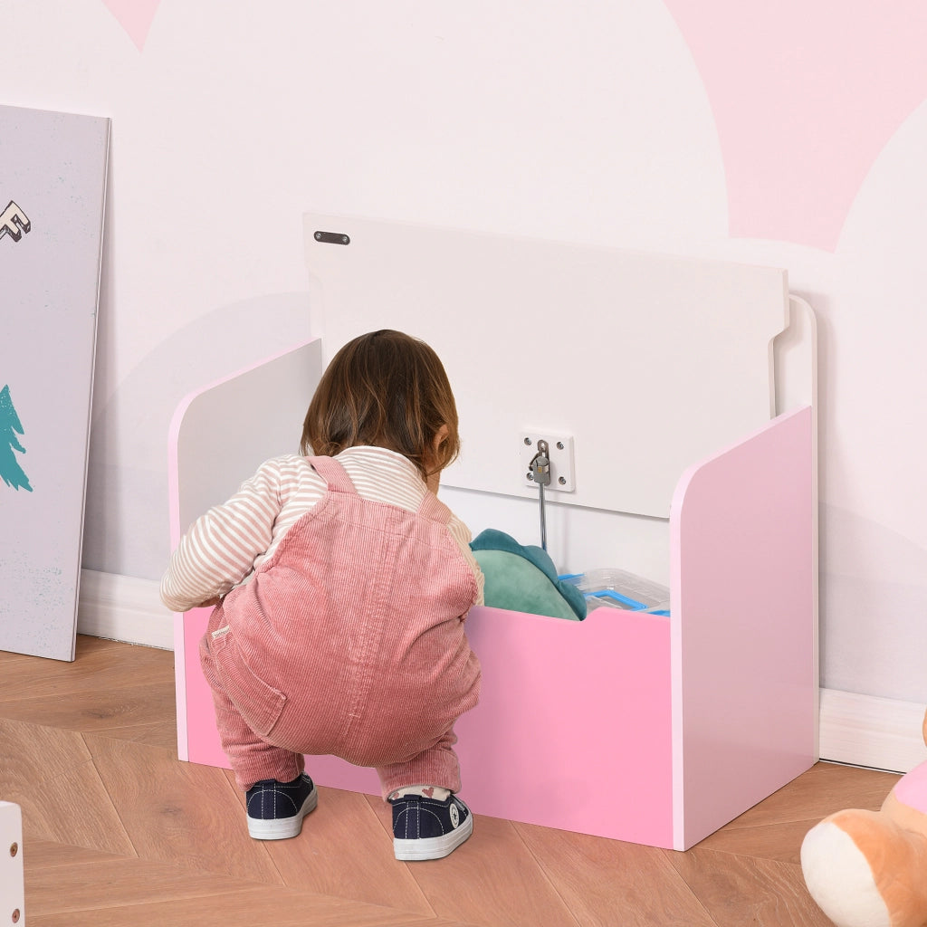 Panca Contenitore con Schienale in Legno per Bambini da 3-6 Anni, 60x30x50 cm, Rosa