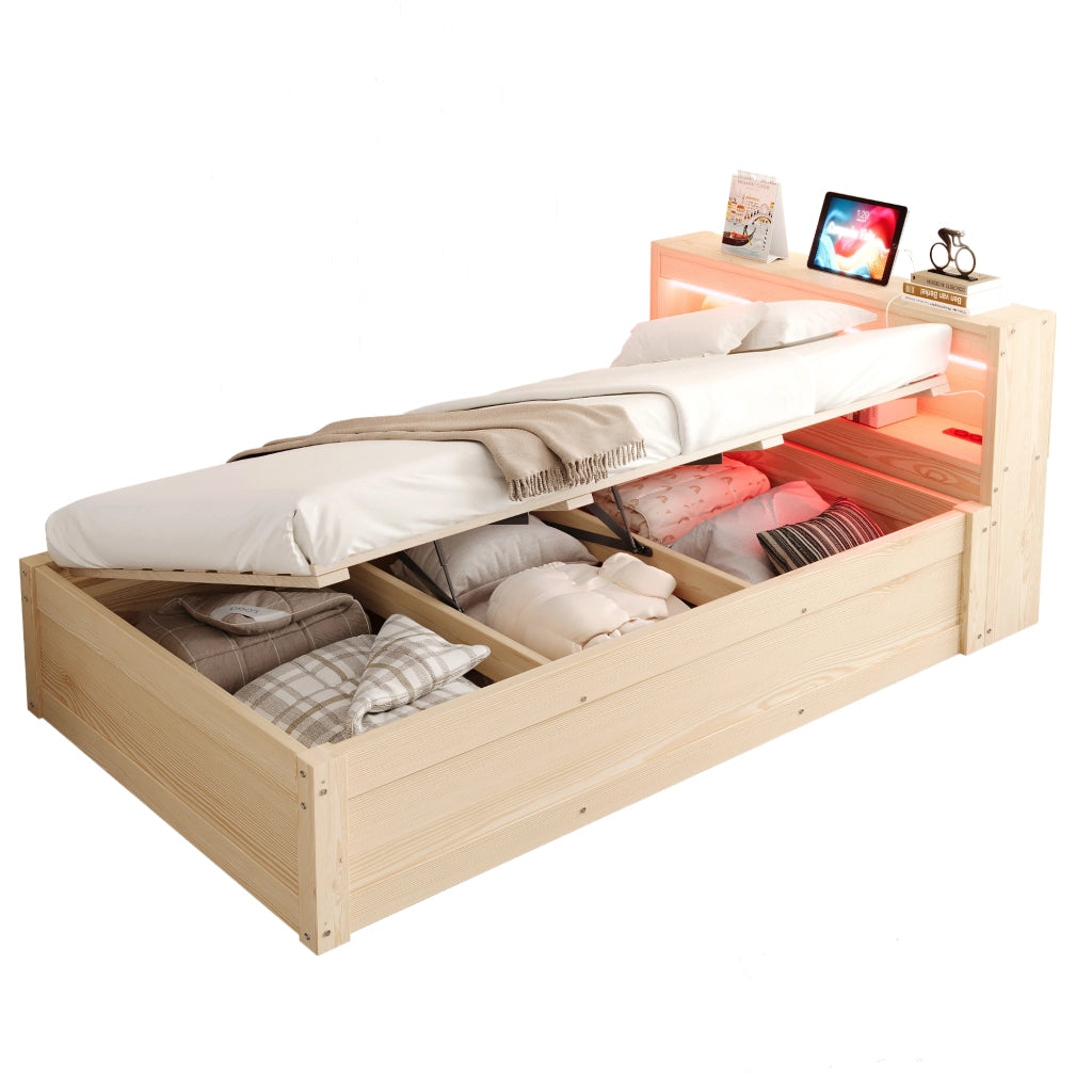 Letto multifunzione 90x200 cm con LED; presa integrata e contenitore; effetto legno