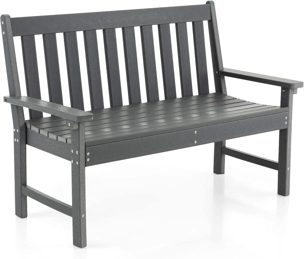 Panchina da Esterno, Panca da Giardino in HDPE Resistente con Schienale e Braccioli, Panchina da Parco, Balcone, Spogliatoio e Cortile, 132 x 65 x 91 cm (Grigio)