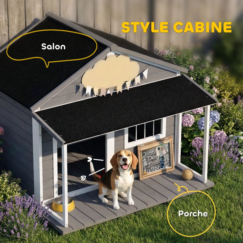 Casetta per Cani Esterno con Terrazza e Tetto in Bitume Legno 124x112x105 cm Grigio ¨C zephmum