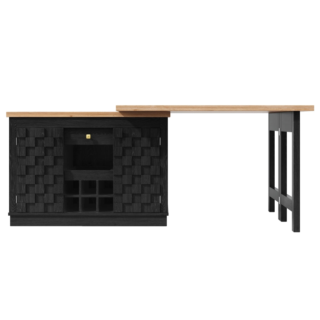 Credenza da cucina girevole a 360° con 2 piani; ante patchwork; 1 cassetto; portabottiglie estraibile; per cucina; MDF nero; 120 × 40 × 74.2 cm