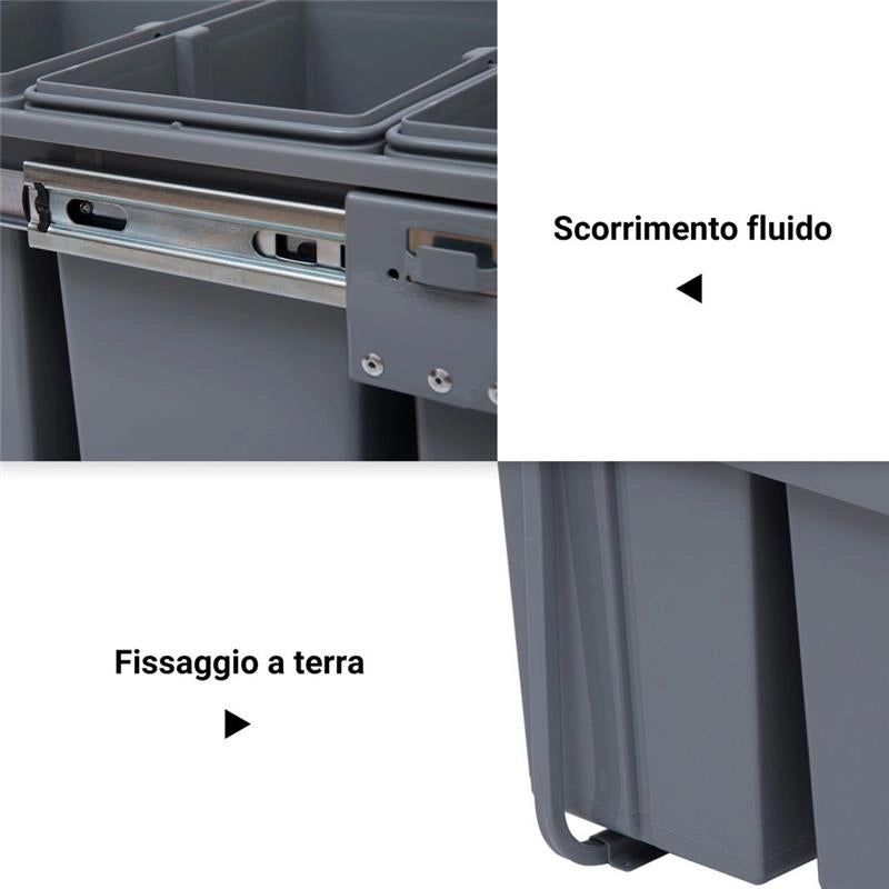 PATTUMIERA ESTRAIBILE CON 3 CONTENITORI PER RACCOLTA DIFFERENZIATA 40L