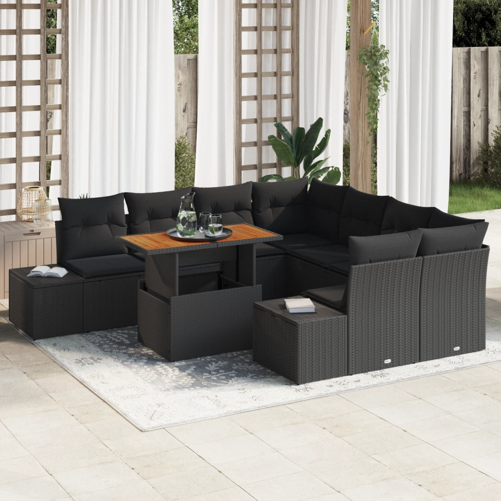 Set Divano da Giardino di 9 Pezzi con Cuscini Nero Rattan Polietilene