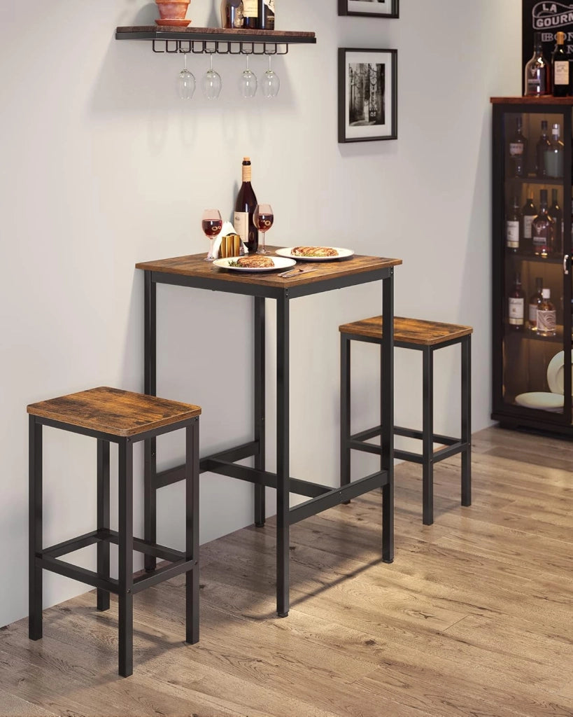 VASAGLE Tavolo Bar con 2 Sgabelli, Cucina Piccolo 60 x 60 x 90 cm, Ogni Sedia di 30 x 40 x 65 cm, Sala da Pranzo, Industriale, Marrone Vintage e Nero LBT017B01