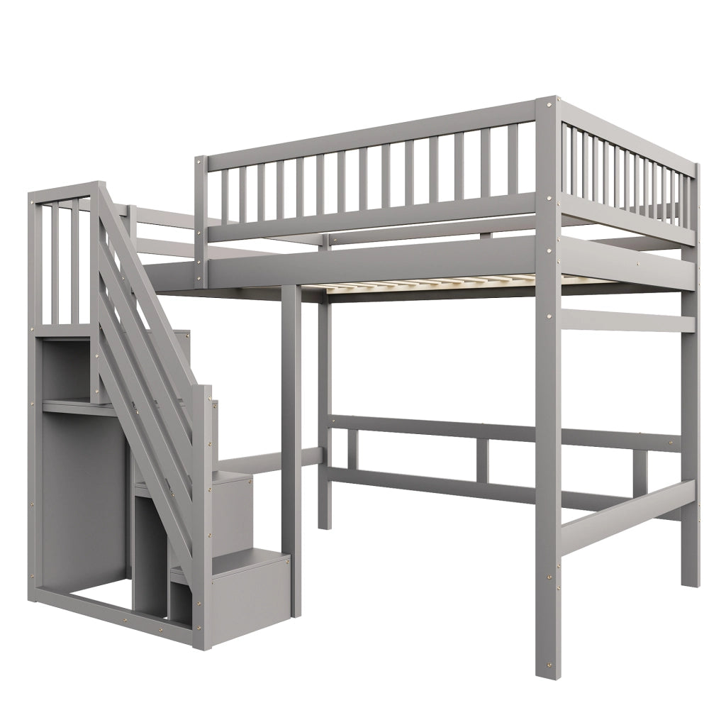 Letto a soppalco 140x200 cm con scala contenitore in legno grigio