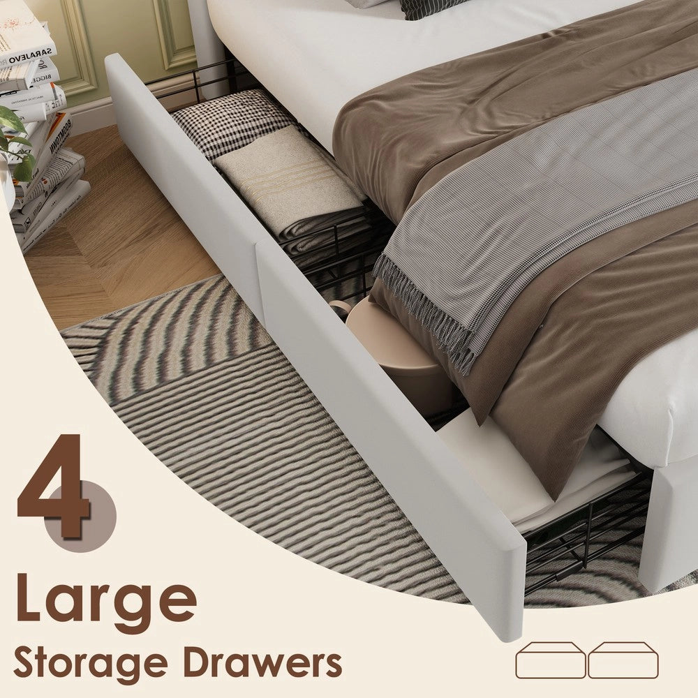Letto Matrimoniale Imbottito con Materasso ¨C MINIMAL ¨C 160x200 Velluto Beige, 4 Cassetti, Rete a Doghe