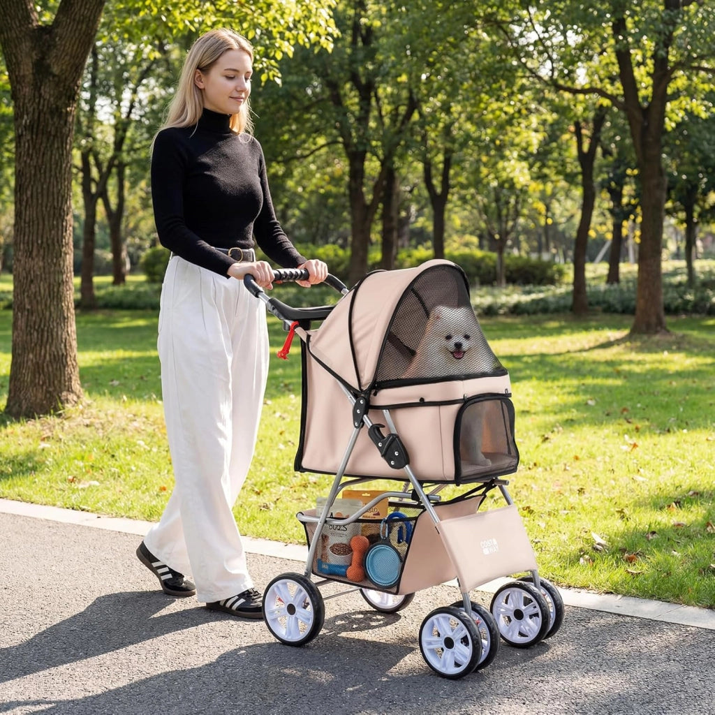 Passeggino per Cani Piccoli Pieghevole Facile, Carrozzina per Cani Portata Fino a 15 kg con Rete Traspirante e Copertura Impermeabile, Passeggino per Gatti per Viaggio (Beige)