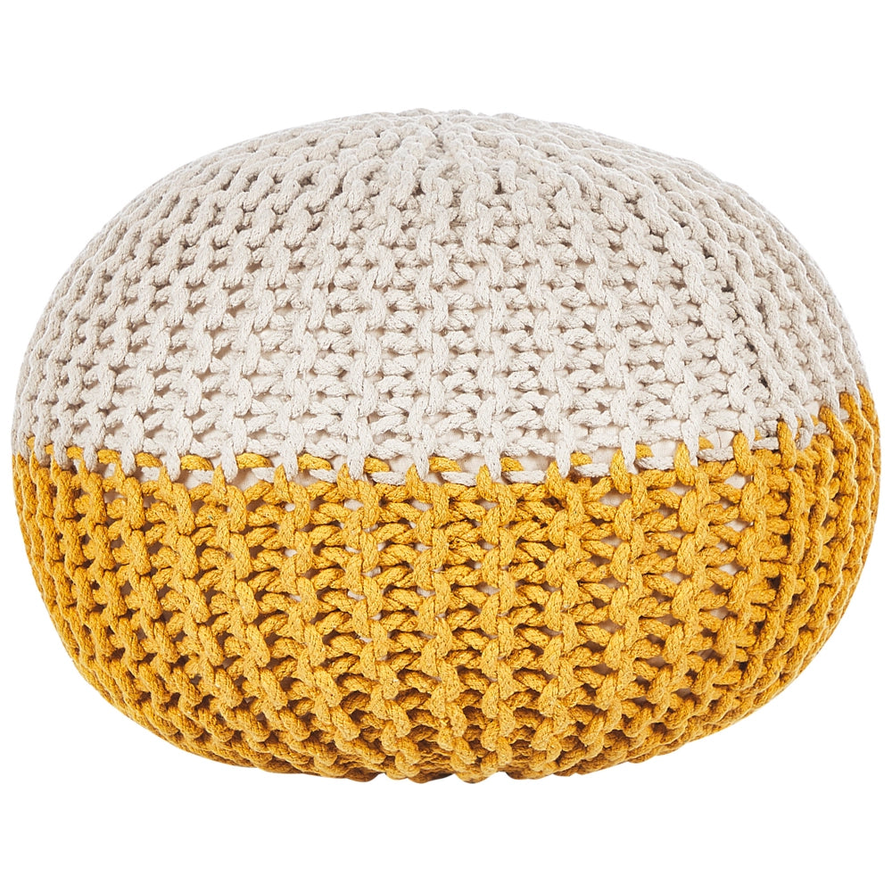 Pouf ottomana giallo beige cotone lavorato a maglia perline EPS riempimento rotondo piccolo poggiapiedi 50 x 35 cm