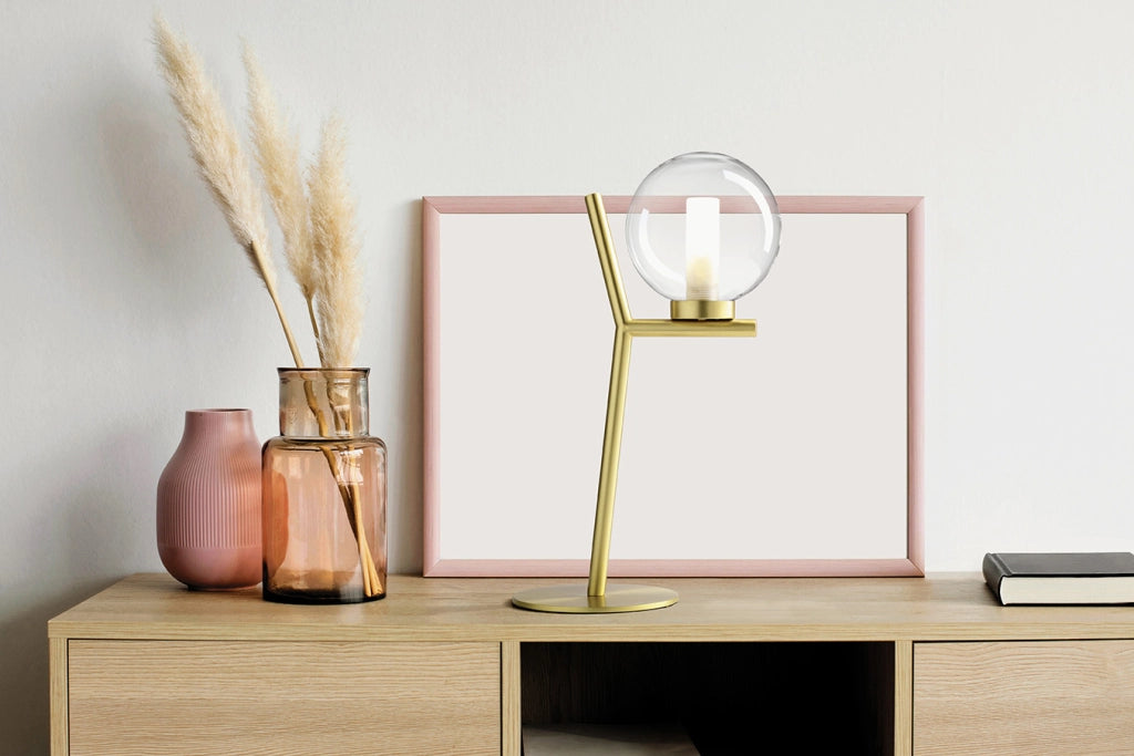 CAMELY LAMPADA DA TAVOLO 1 LUCE ORO SPAZZOLATO ATTACCO G9 D.12CM IN VETRO TRASPARENTE