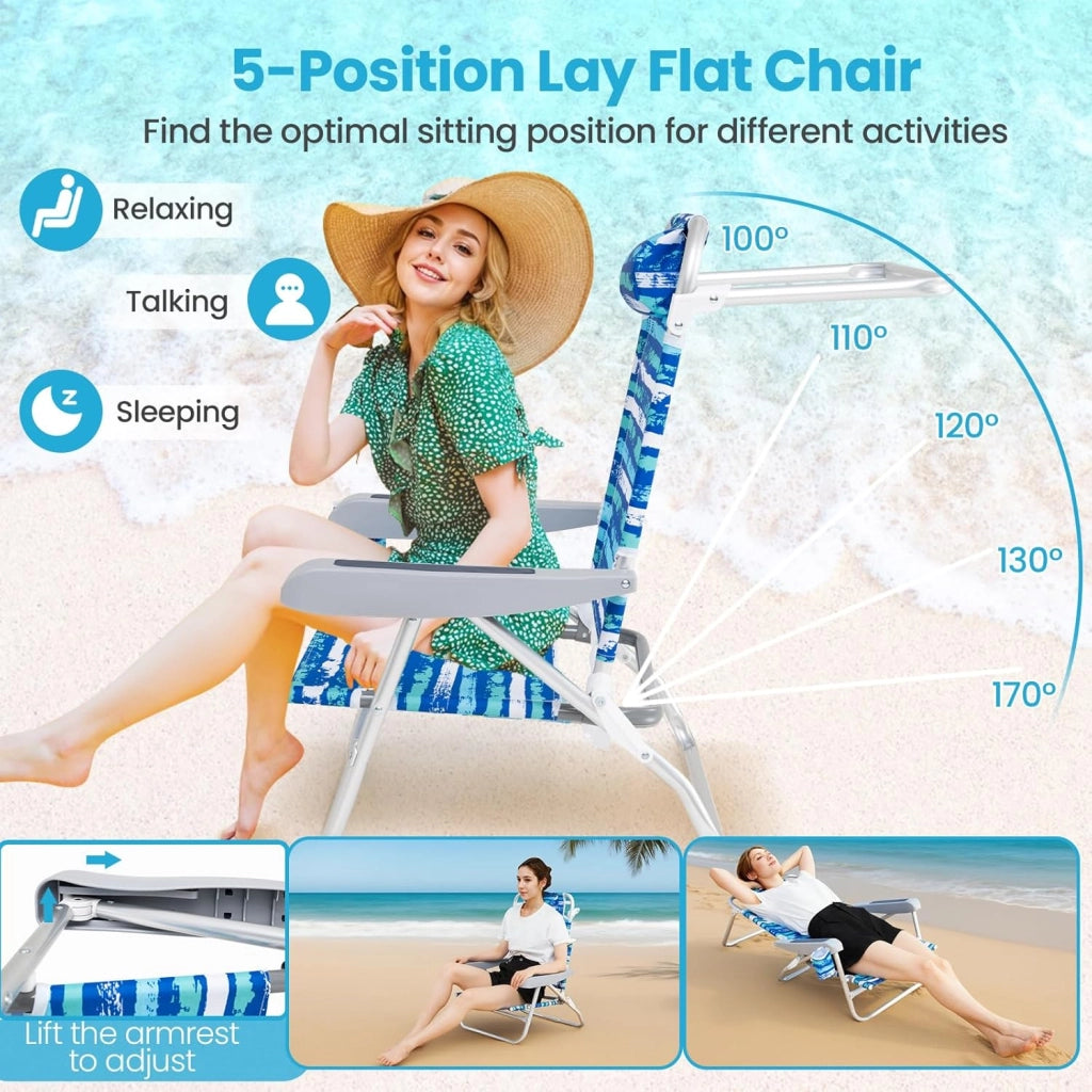 Set di 2 Sedie da Spiaggia Pieghevoli, Spiaggina con Schienale Regolabile in 5 Posizioni, Sdraio Mare con Portabicchieri e Portaasciugamani, Lettino Prendisole per Campeggio, Picnic (Blu)